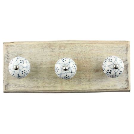 Grey Dotted Ceramic Floral Wooden Hook